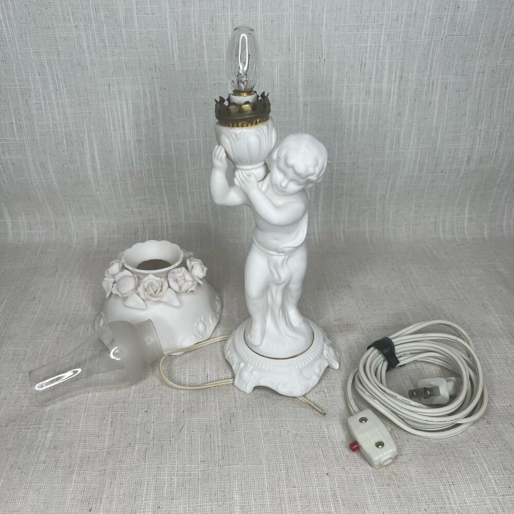 Vintage Porcelain Bisque Nightlight Lamp Shade Boudoir Glass Chimney AS IS